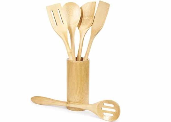FPA free organic bamboo reusable kitchen cooking utensil with holder set of 7
