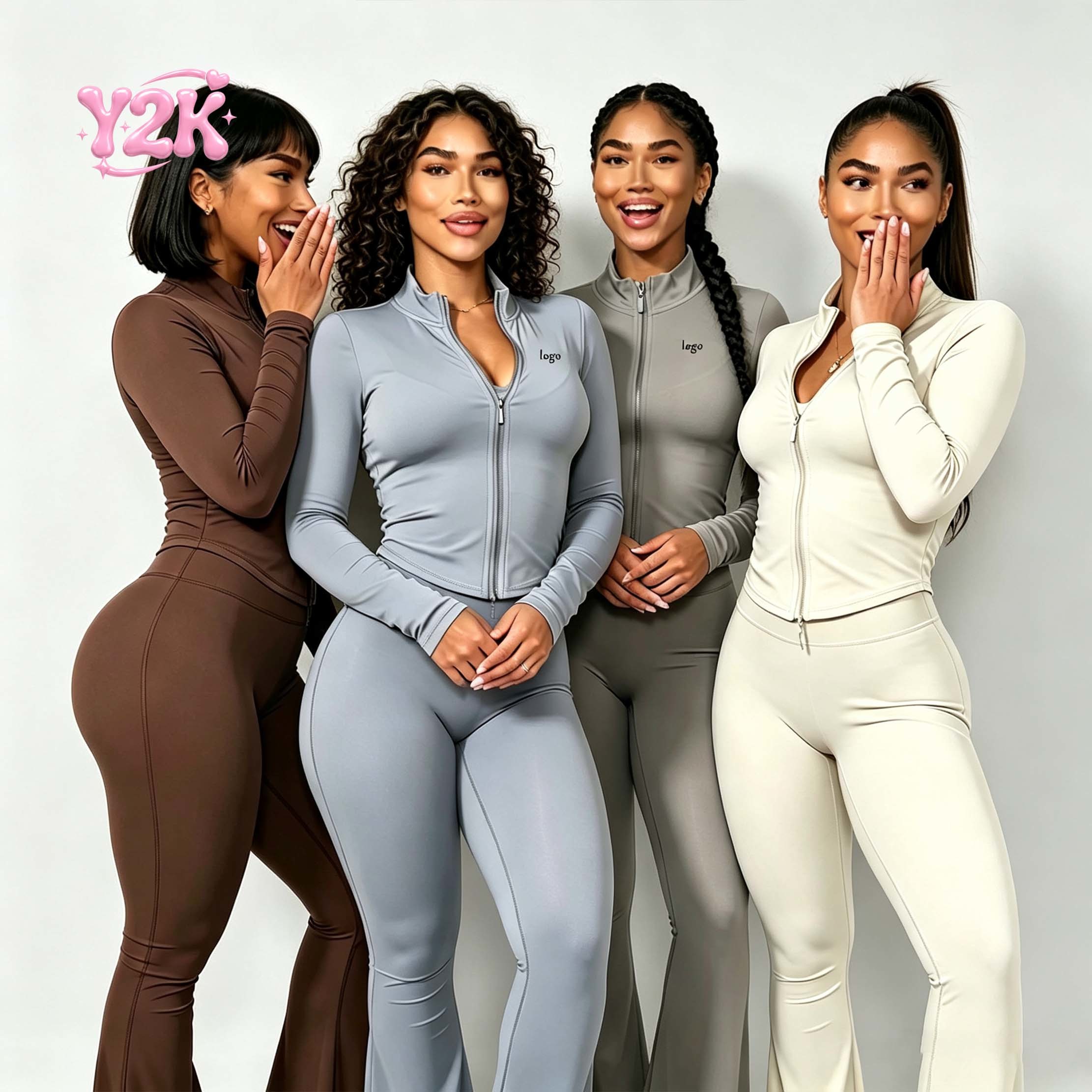 Custom Zip Up Yoga Jacket & High Waist Flare Pants Gym Set
