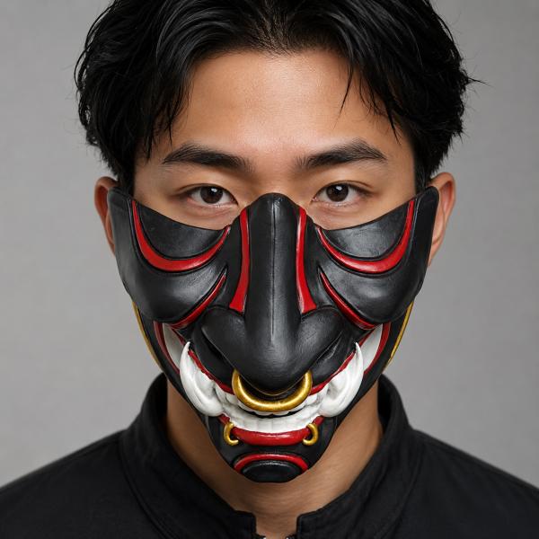 Resin Demon Half Face Mask, Black Red Oni Style Costume Mask with Gold Ring Accents for Adults, Halloween Cosplay, Masquerade Party, Festival Outfit, Photo Shoot and Stage Performance