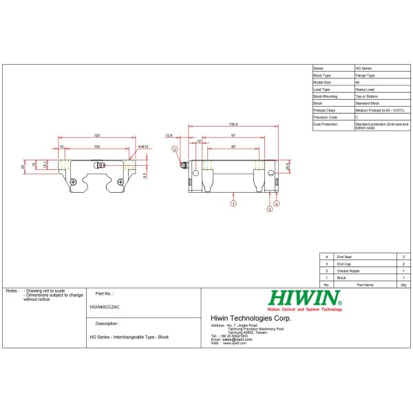HIWIN HGW45CC Linear Guideway Block 45mm Linear Bearing Guide