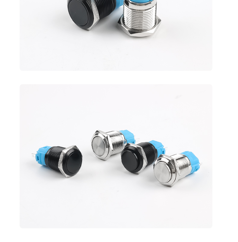 16mm Metal Push Button Switch with Silver and Black Casing Self Locking and Self Resetting Without Light High Head Flat Head