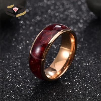 Rose Gold Men'S Tungsten Wedding Band Polished Round 8mm With Red Box Elder Inlay