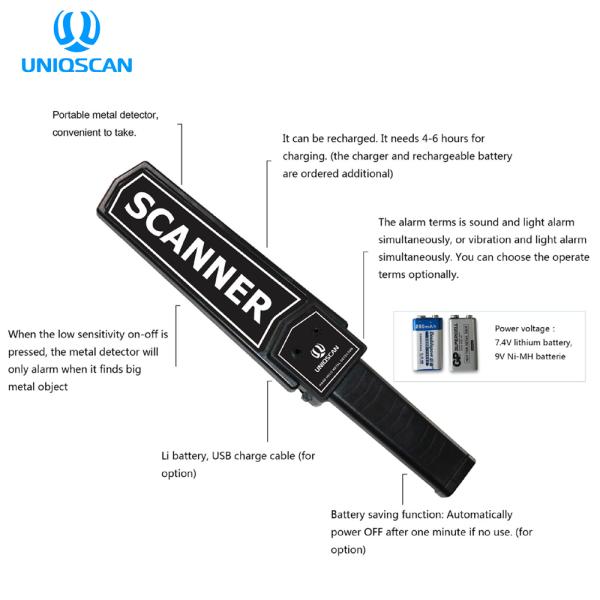 Uniqscan Portable Security Metal Detector Wand , Portable Metal Detector 9V Battery