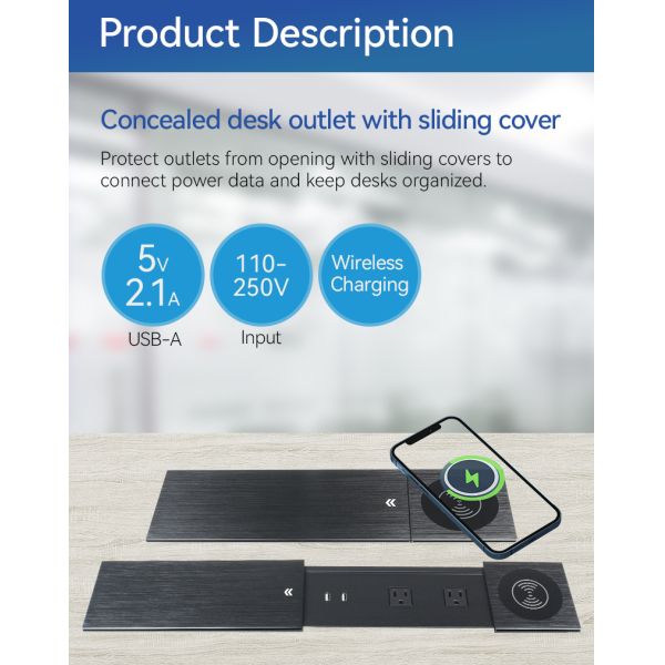 Hidden Desk Sliding Socket Outlet 15W Qi Usb Outlet For Desk