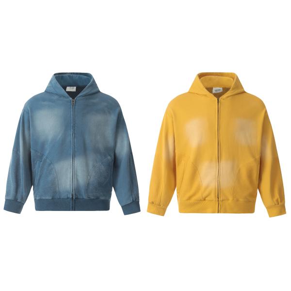Men's Distressed Acid Wash Zip Up Hoodie in Custom Tie Dye Design for Streetwear
