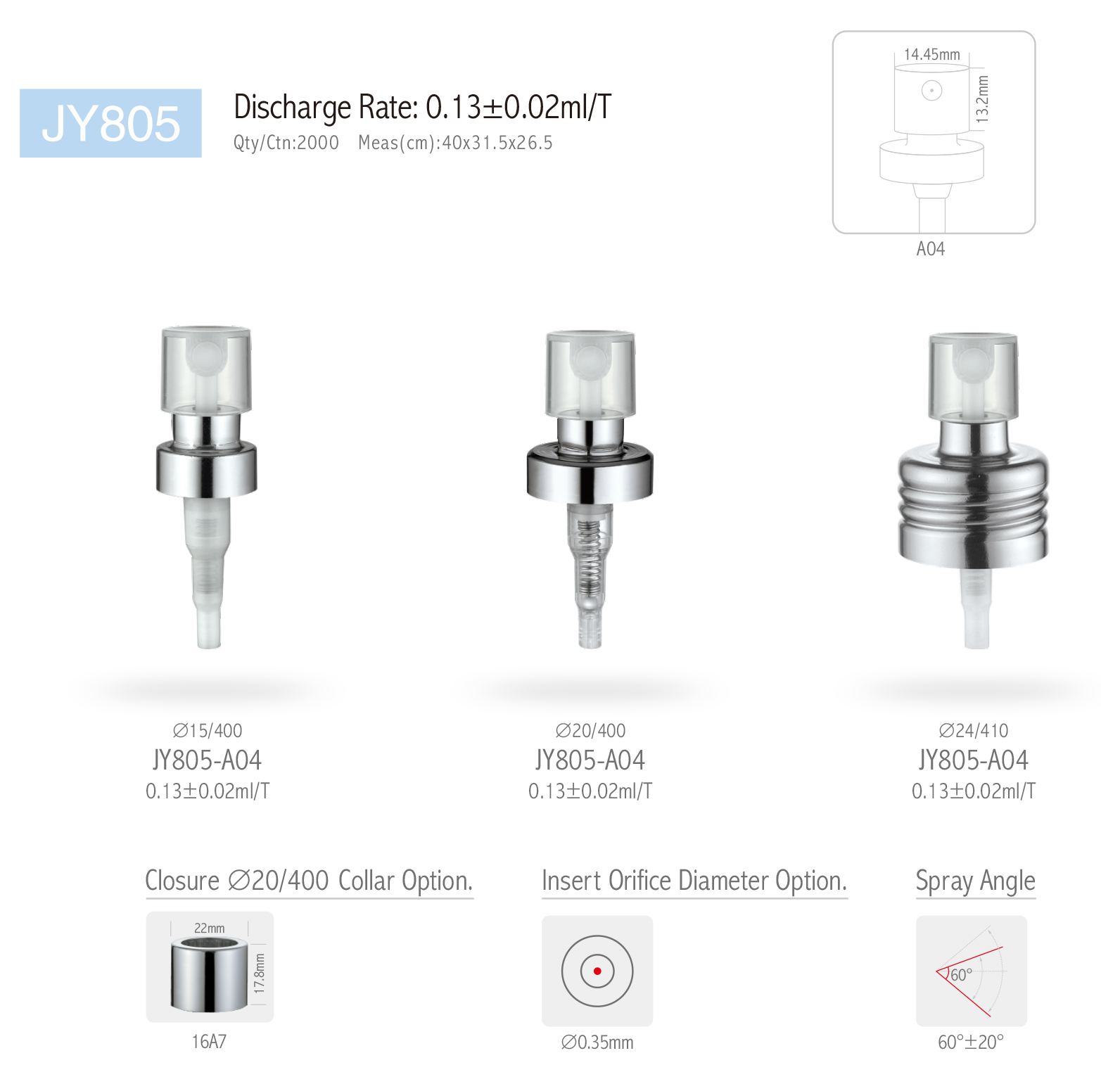 Тариф разрядки спрейера JY805-A04 0.13±0.02ml/T духов