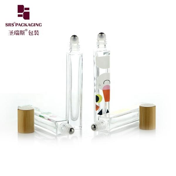 10ml High End Empty Square Glass Roll On Bottle with Bamboo Wooden Cap and 3D Printing Logo Service for Perfume Oil Serum