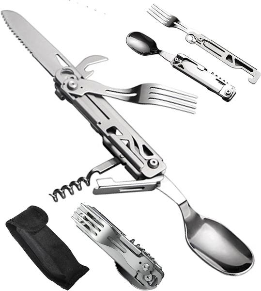 5-in-1 Camping Utensils, Multitool with Safety Locking, Detachable Stainless Steel Spoon, Fork, Knife, Bottle Bottle