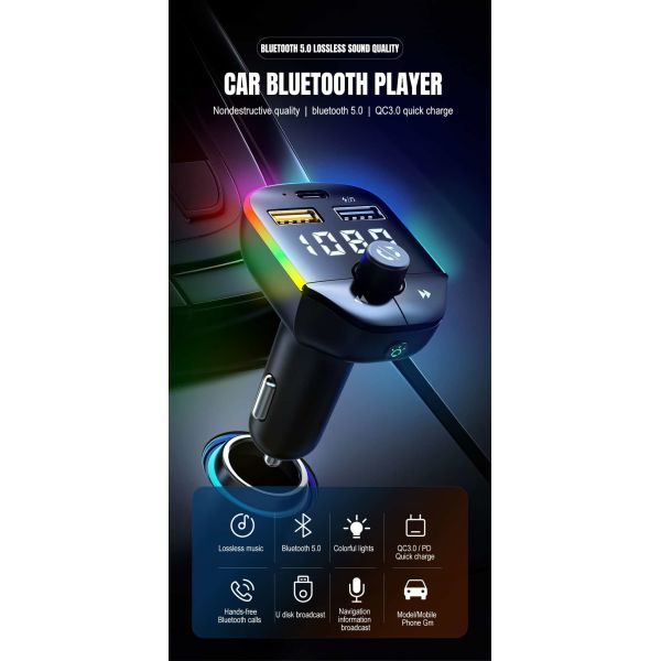 Bluetooth 5.0 Car FM Transmitter 12W With 3 Port Fast Charging 7 Colors LED Backlit
