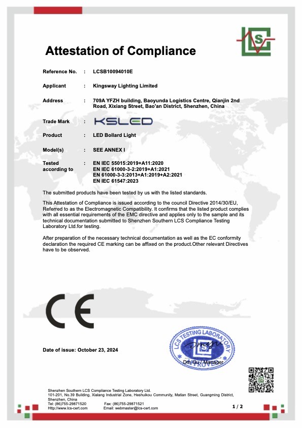 KINGSWAY LIGHTING LIMITED Certifications
