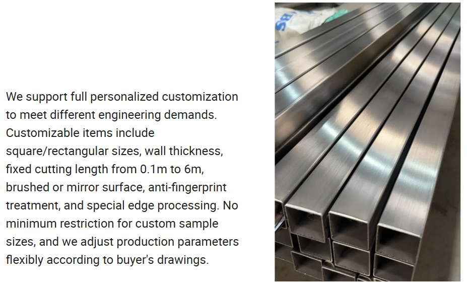 304 Stainless Steel Square Tube 600 Grit Polished with 10x10mm-200x200mm Size Range and 0.8mm-8mm Wall Thickness