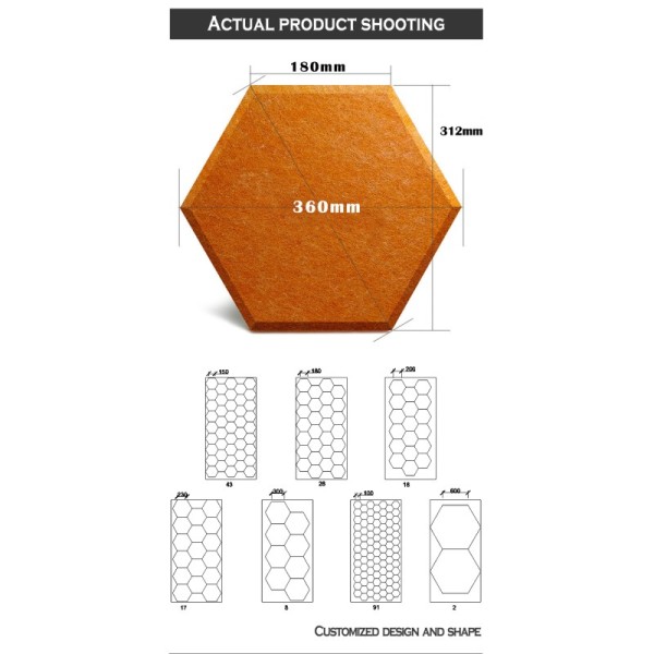 Hexagon Polyester Acoustic Panels Density Range 1.8 to 3.0 Kg per square meter Installation Glue Suitable for Recording Studios