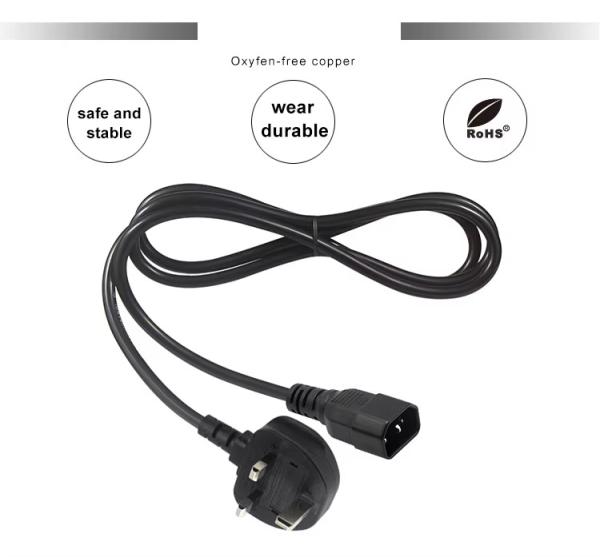 UK to C14 Power Cord 1.2M  250V 10A 16AWG Shielded Cable for UPS/Server Rack/Medical Device (IP67/RoHS/BS1363)