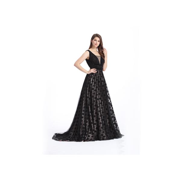 Women V - Neck Long Beautiful Evening Gowns , Custom Size Natural Waistline Lace Evening Gowns