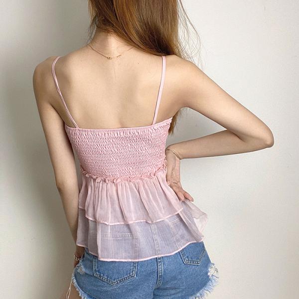 Pink Sexy Womens Summer Cami Tops Hem Mesh Spliced With Lotus Leaf Design