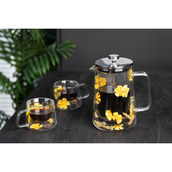 Romantic Beautiful Double Wall Glass French Press With Flowers 300ml 600ml Capacity