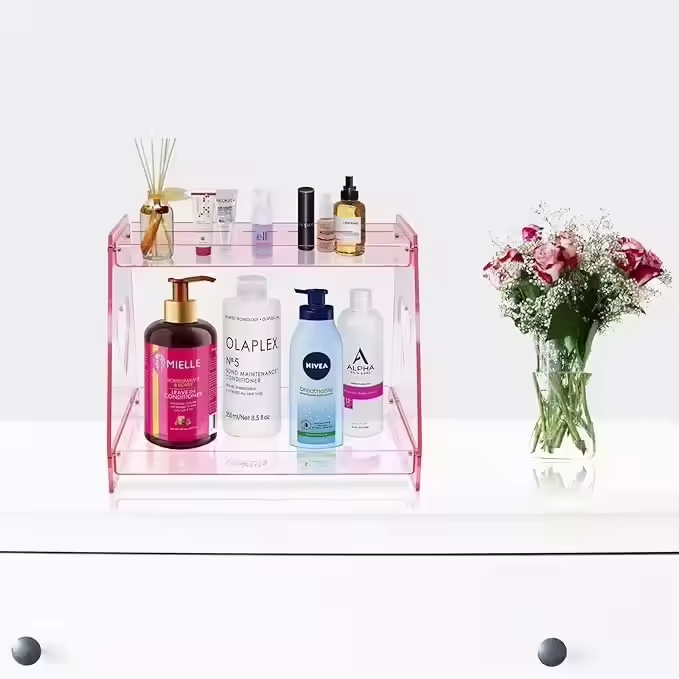 Custom-made 2-Tier Pink Heart Acrylic Tray Vanity Perfume Skincare Organizer Countertop Display Shelf