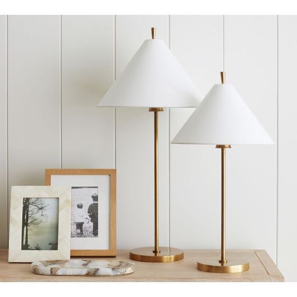 Modern Brass Table Lamp with Linen Shade for Living Room and Bedside Use