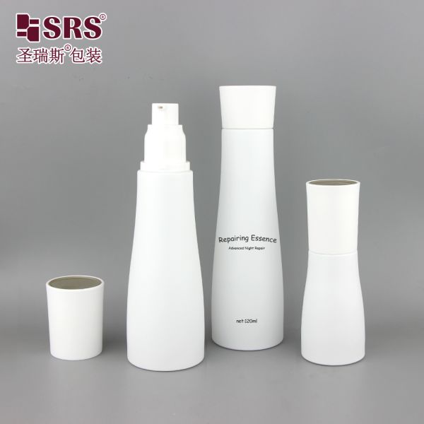 GL023 30ml 100ml 120ml Unique Shape Waist Painted Frosted Matte Finished Bottle With Lotion Pump Toner Plug Packaging