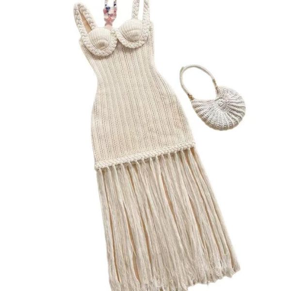 Bohemian Summer Dress with Handmade Braided Rope Trim in Flattering Tropical Orange Tone and Premium Light Sweater Knit