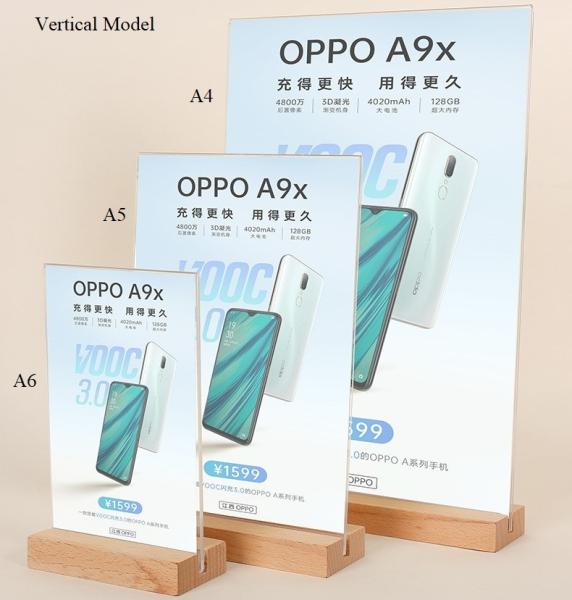 Bottom Insert Clear Metal Poster Stand Tabletop Wood Base Acrylic Sign Holder