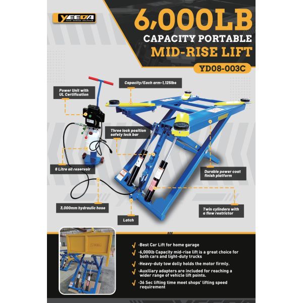 6000LB Portable 13.5-135cm Safety Lock Mid Rise Car Lift For Car / Light Truck Service