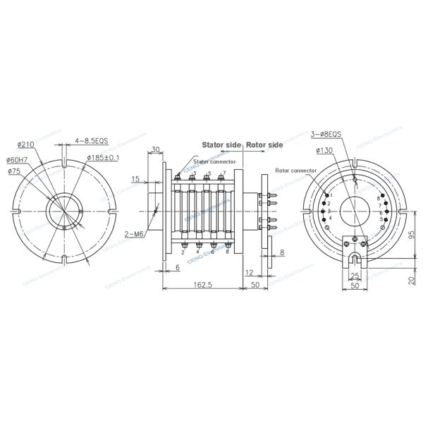 Carbon Brush Slip Ring with 60mm Through Hole 8 Circuits and 25A Current for Industrial Applications