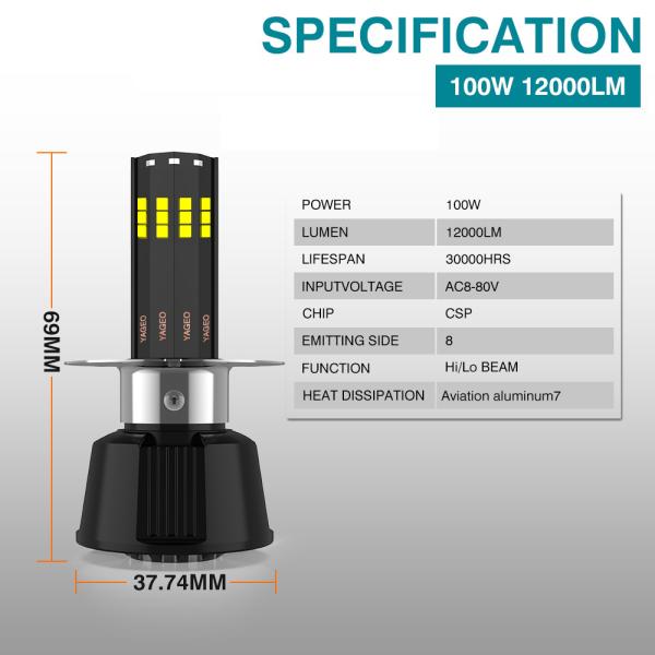 YAYE 100W 12000LM 8 боковой излучающий H4 светодиодный мотоциклетный фары с прочным и дизайном