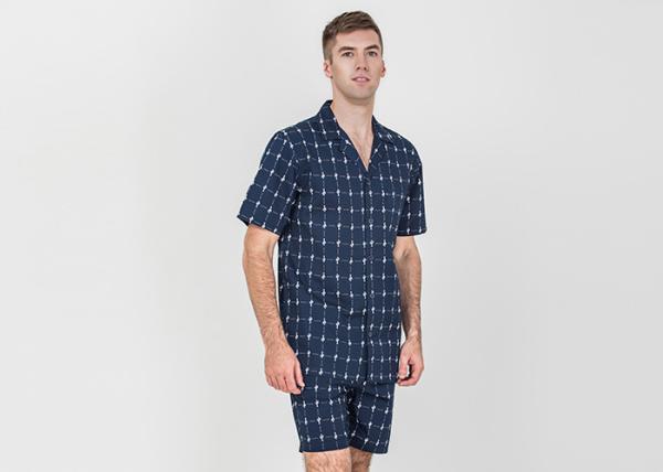 Navy Blue Mens Luxury Sleepwear Button Through Shirt And Short Pants Eco Friendly