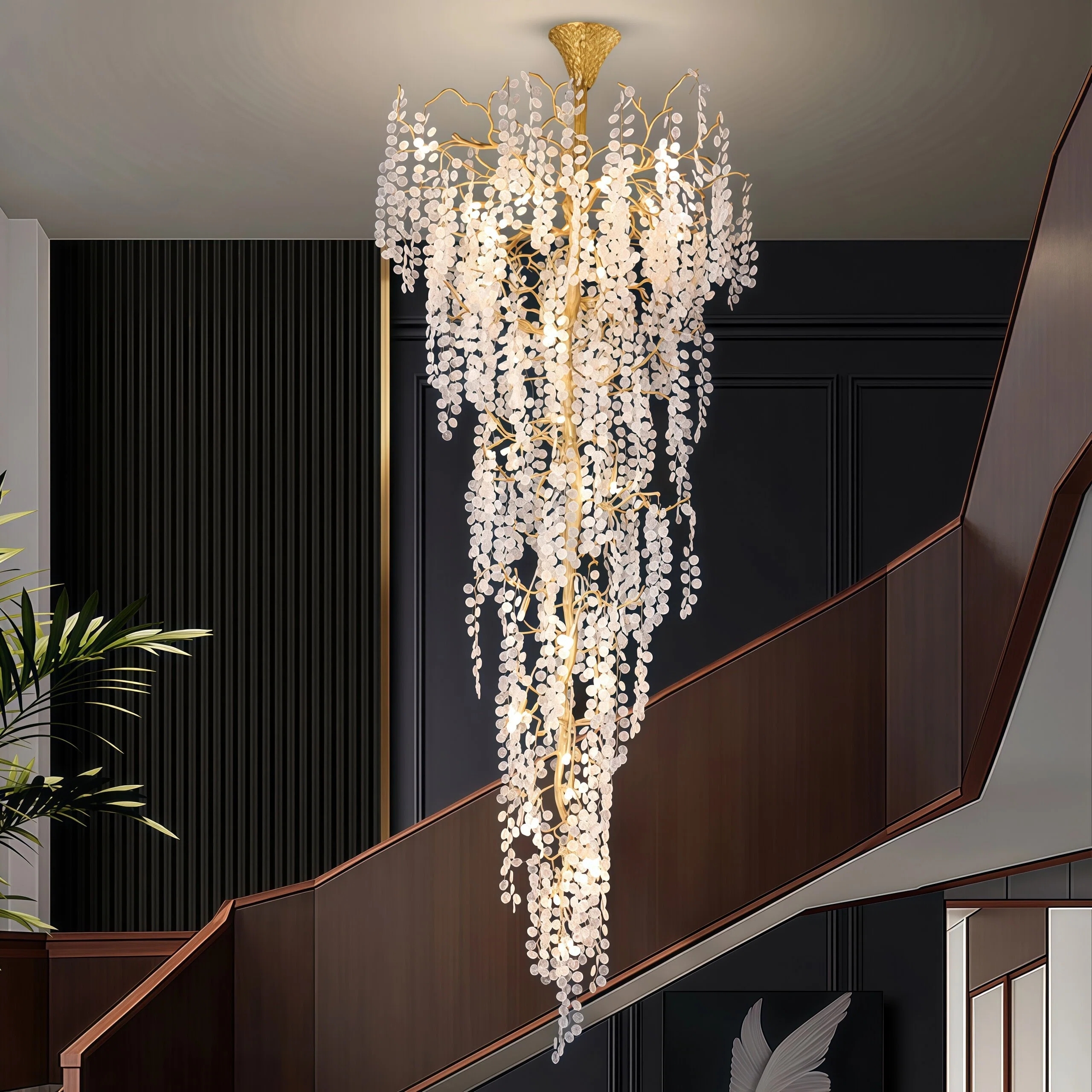 JYLIGHTING Art Tree‑Branch Cascade Crystal Glass Chandelier, Vertical Long Suspension Light for High‑ceiling Duplex, Hotel and Commercial Interior Decoration