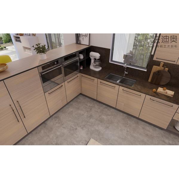 Wood Grain Stainless Steel L-Shaped Kitchen Cabinet With Black Handles