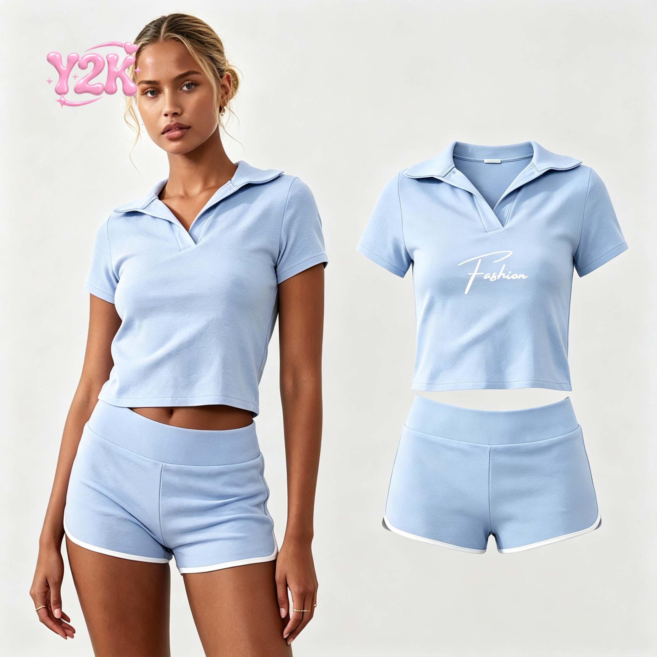 Custom Light Blue Polo Neck Short Sleeve Top & Shorts Set