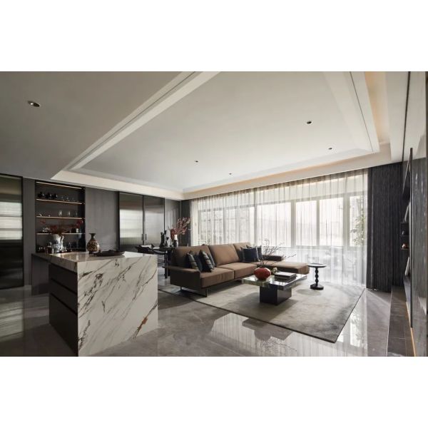 OEM/ODM CUSTOM MODERN LUXURY HOTEL LIVING & DINING FURNITURE SET | MARBLE COFFEE TABLE, L-SHAPED LEATHER SOFA, MARBLE KITCHEN ISLAND & ROUND DINING TABLE FOR VILLA & HIGH-END RESIDENTIAL