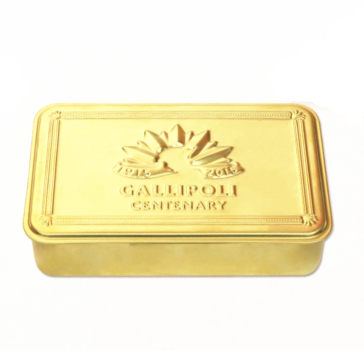 Promotional food storage tins gold color candy with hinged lid and embossed logo