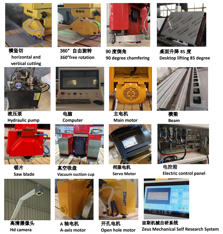 ZEUS 5+3 Axis Bridge Cutting Machine Granite Remote Control Motor HD Camera Suction Cup Stone CNC Machine 15kw+7.5kw+750w 3200mm