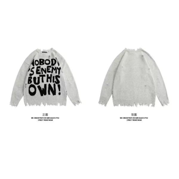 Men's Standard Thickness Round Neck Knitwear Coat with Letters Loose Fit Sweater