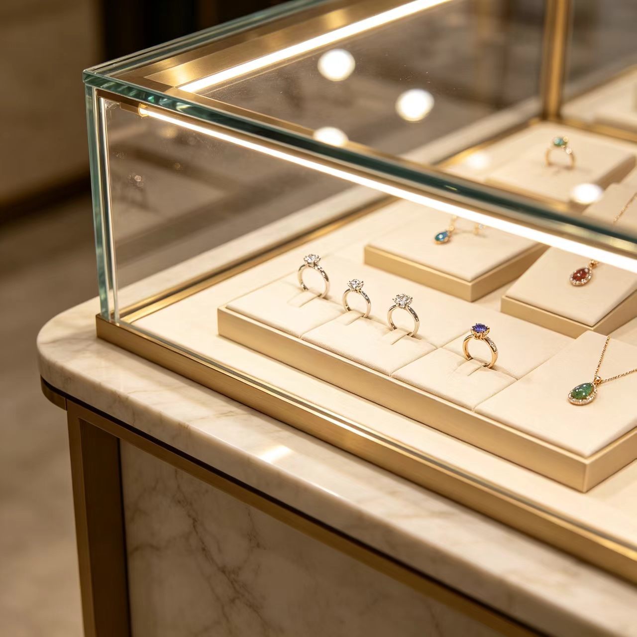 Island Display Cabinet Kitchen Island Display Unit with Shatter Resistant Tempered Glass Lockable Drawers And Cabinets Dimmable High-CRI LED Lighting