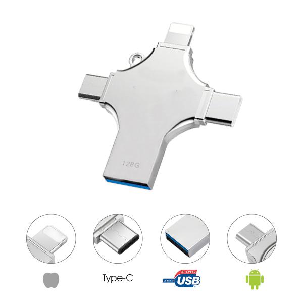 5- Custom 4 in 1 OTG Silver USB Flash Drive 128MB-4GB USB 3.0 Memory Stick for Android Phone Multifunctional Metal
