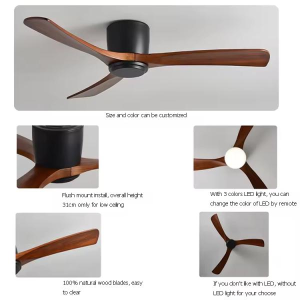 Ventilateur de plafond à profil bas encastré pour résidentiel avec application Tuya à distance ou Wifi, pales en bois, hélices, économe en énergie, pour plafond bas