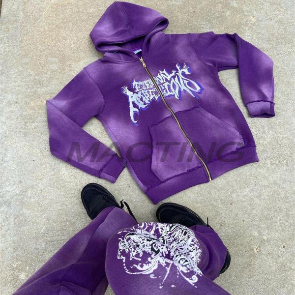Customized Streetwear Zipper Zip Up Hoodies and Flared Sweatpants Set in Vintage Style