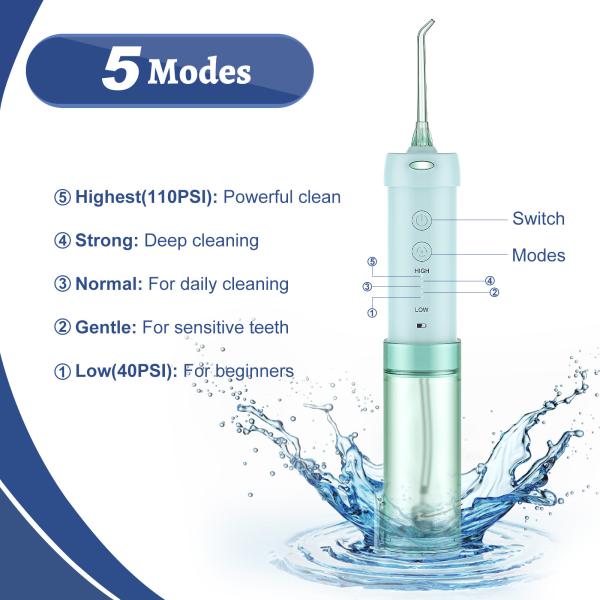 IPX7 Grade Mini Water Jet Flosser Mouth Cleaner 5 Modes With 200ml Water Tank