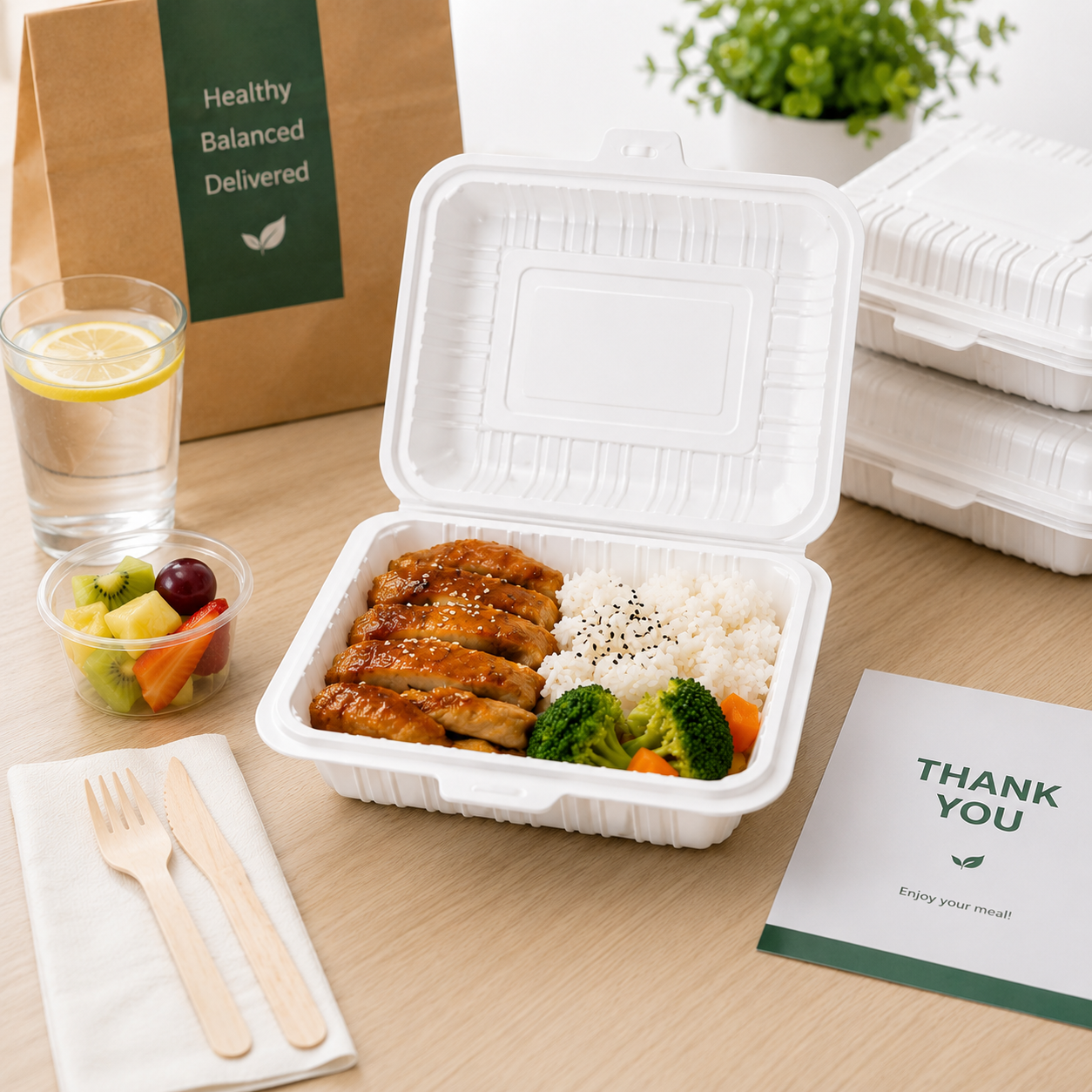 White Clamshell PP Lunch Box One Piece Hinged for Daily Takeaway