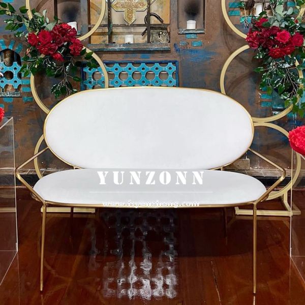 Minimalist White Velvet Arm Sofa with Gold Frame Leather Soft Cushion for Bride and Groom Wedding Stage for Events Banquets