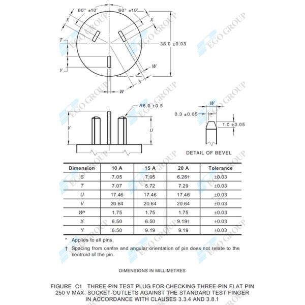 Three-Pin Test Plug for Testing Socket-Outlet Against Full Insertion Test and Test Finger as Per AS/NZS3112 figure C1