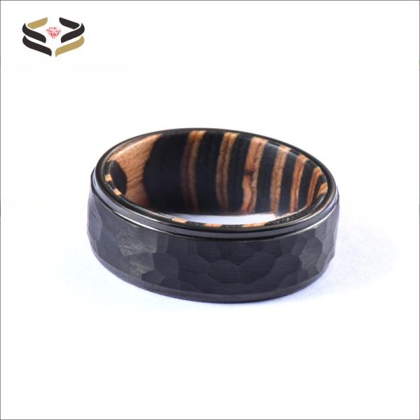 Wedding Bands or Rings Style Black Tungsten Hammered Ring 8mm Step Edge Box Elder Wood Ideal for Party Celebration