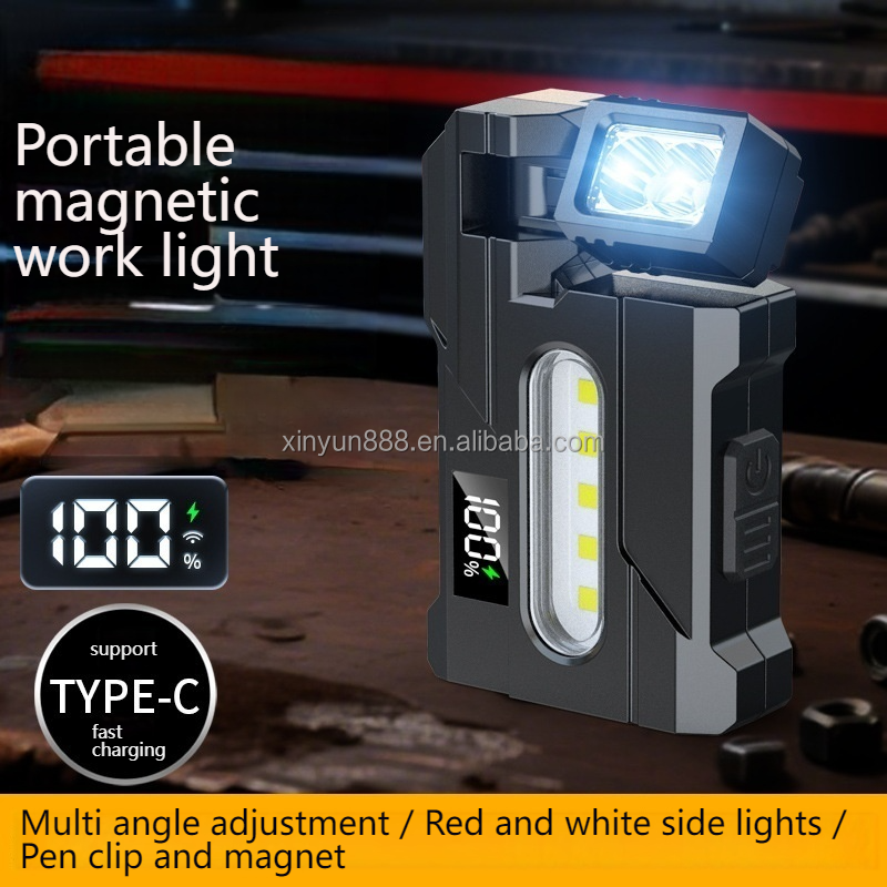 Cross-border Flashlight Work Lamp New Magnetic Work Lamp USB Charging Digital Display Multi-angle Rotatable Red and Blue Alarm