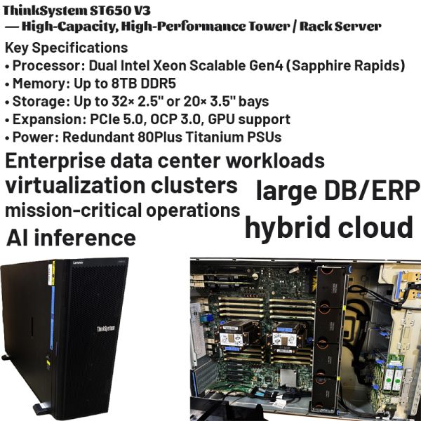 ThinkSystem ST650 V3 4U Tower Server with 5th Gen Intel Xeon Scalable Processors DDR5 Memory up to 5600 MHz and 4TB System Memory