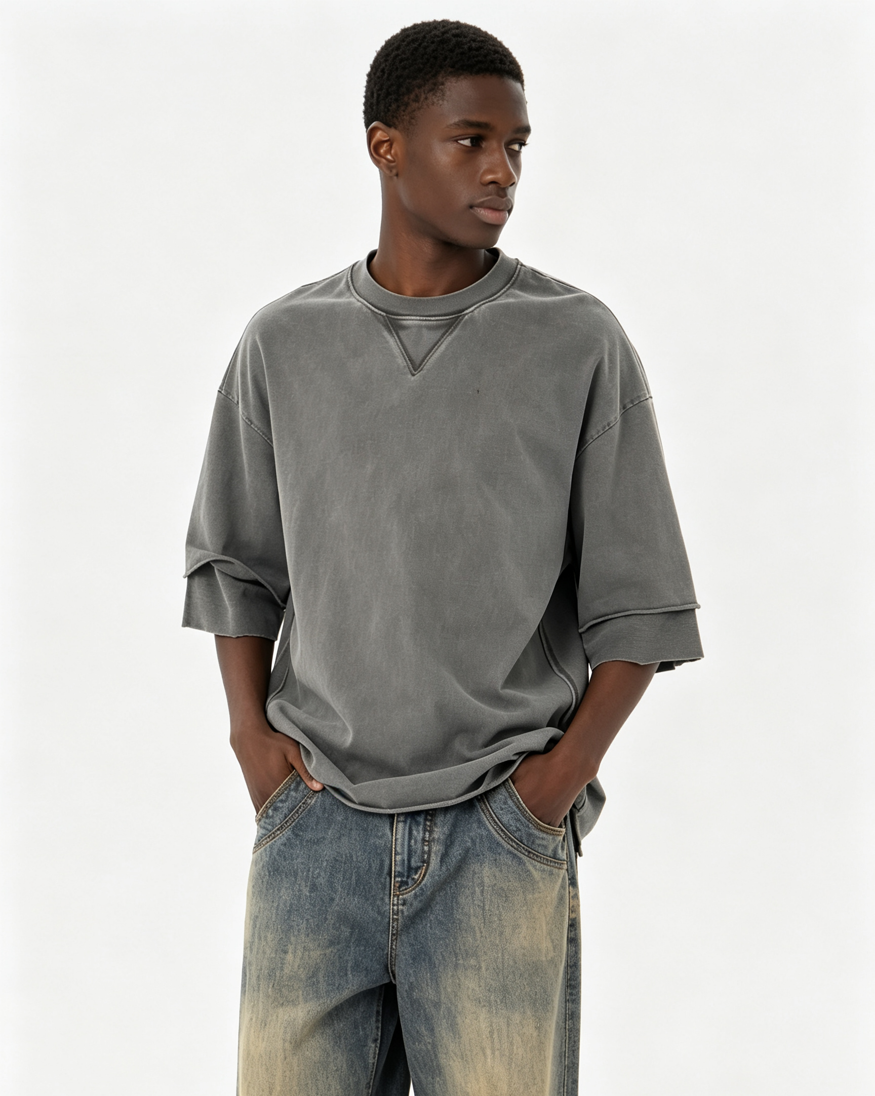 285GSM Streetwear Oversized T Shirt Vintage Wash Oversized Cotton Tee Irregular Hem