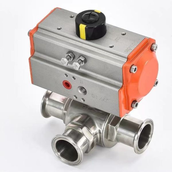 Sanitary Tri Clamp 3 Way Pneumatic Ball Valve SS304 SS316L L/T Port Pneumatic