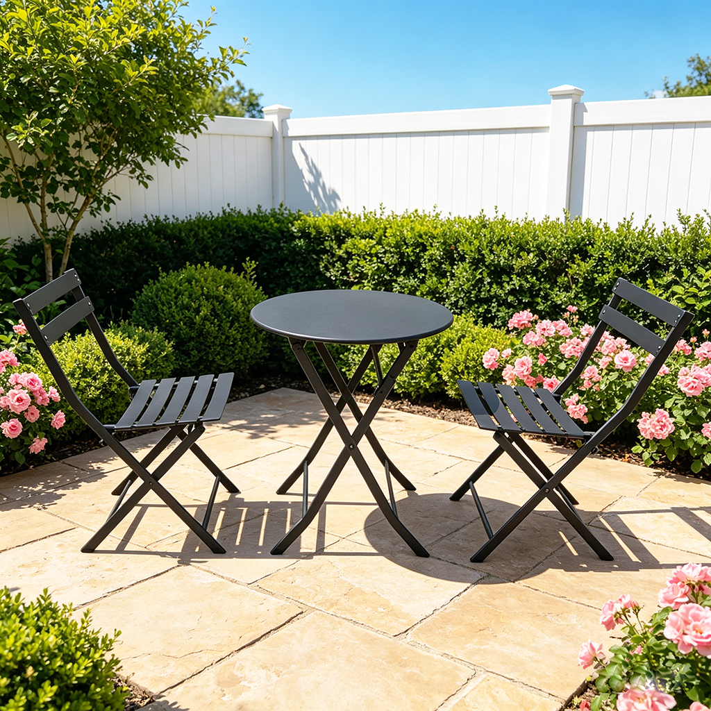 Wholesale Price Outdoor Furniture Iron Frame Folding Table and Chair Black Rust Prevention Fold Chairs and Round Table